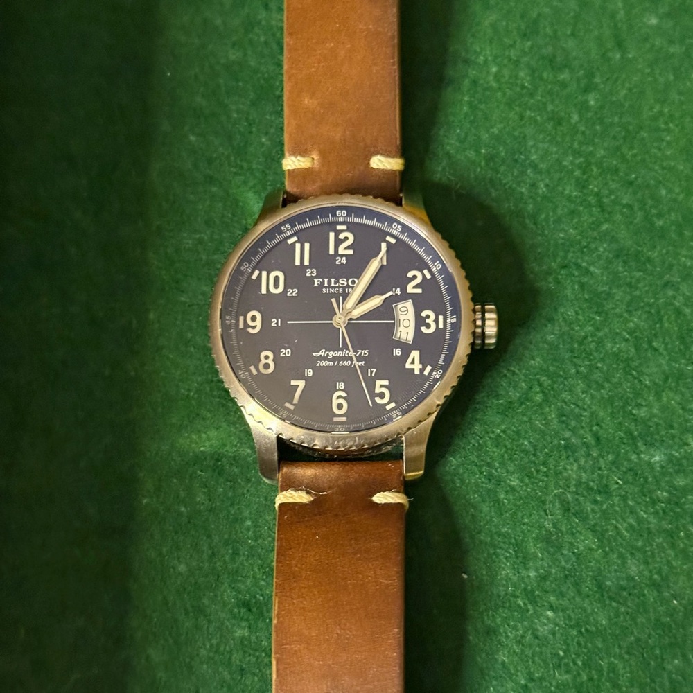 Filson Silver Case Watch with Brown Leather Strap